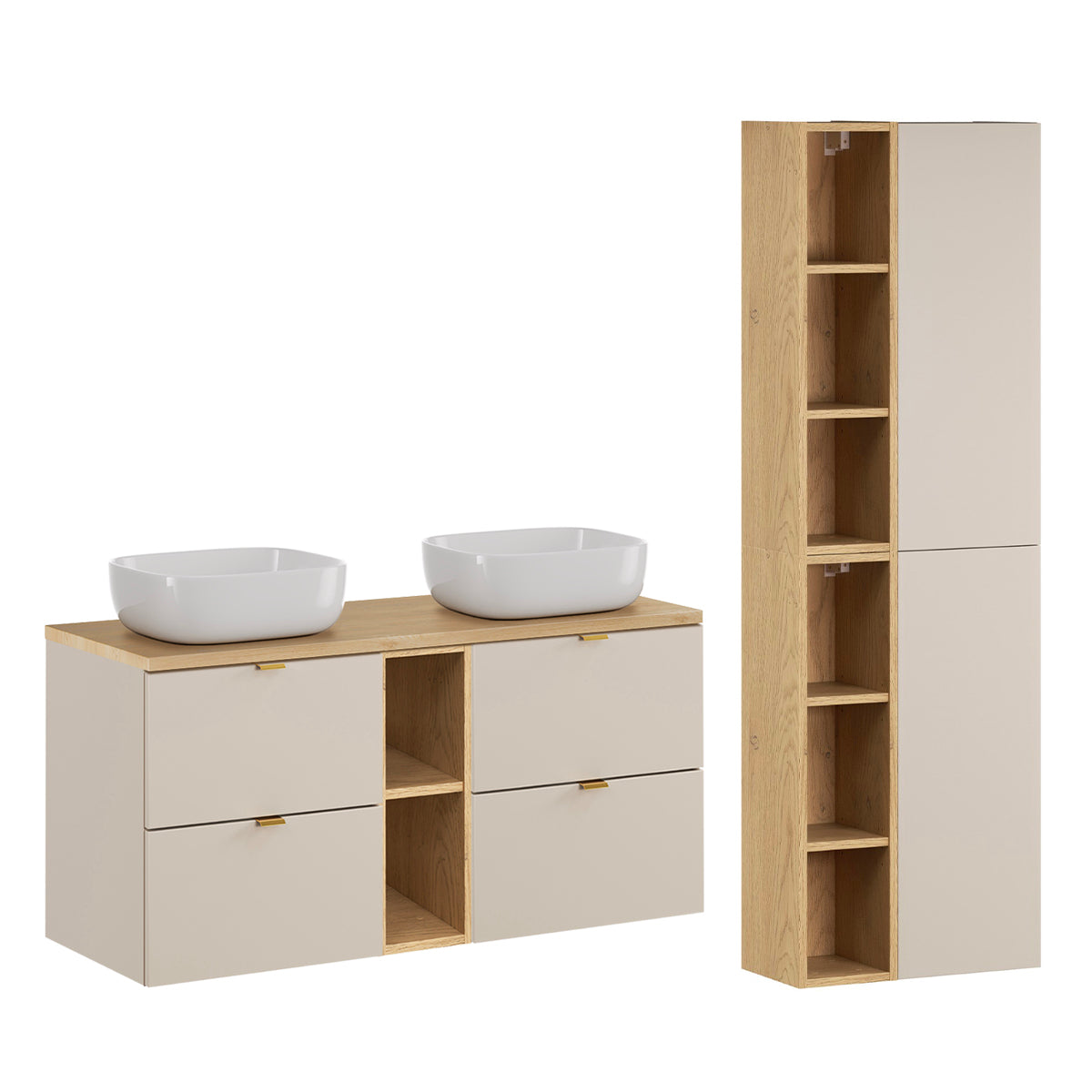 Ensemble meuble double vasque 120cm 2 niches et colonne Azel Cachemire et Bois - vue 2
