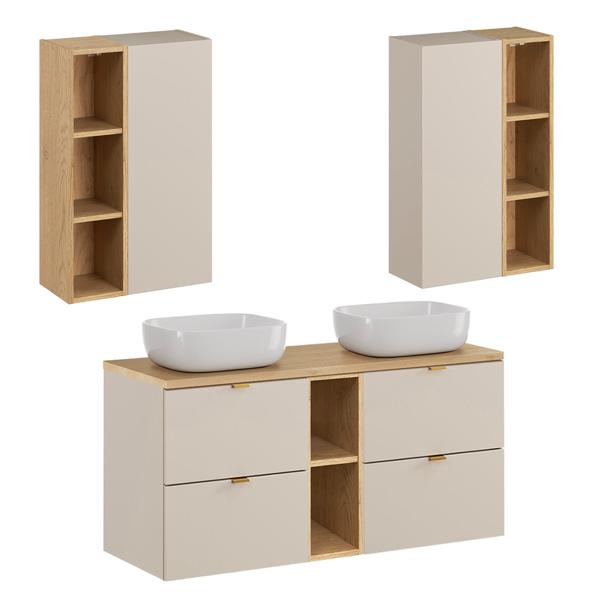 Ensemble meuble double vasque 120cm 2 niches et colonne Azel Cachemire et Bois - vue 8