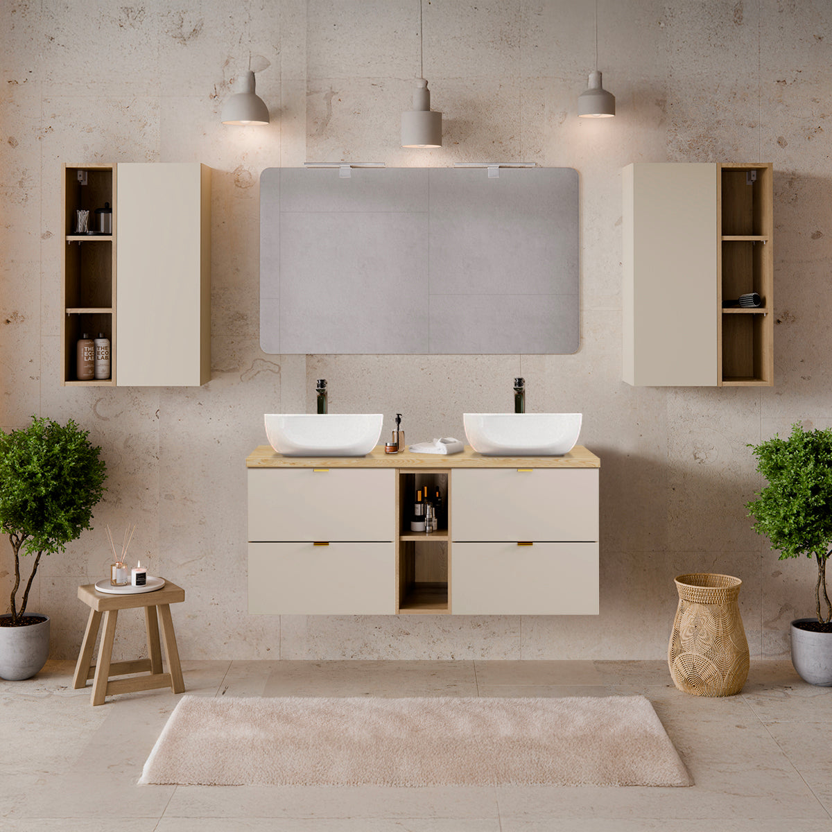 Ensemble meuble double vasque 120cm 2 niches et colonne Azel Cachemire et Bois - vue 7