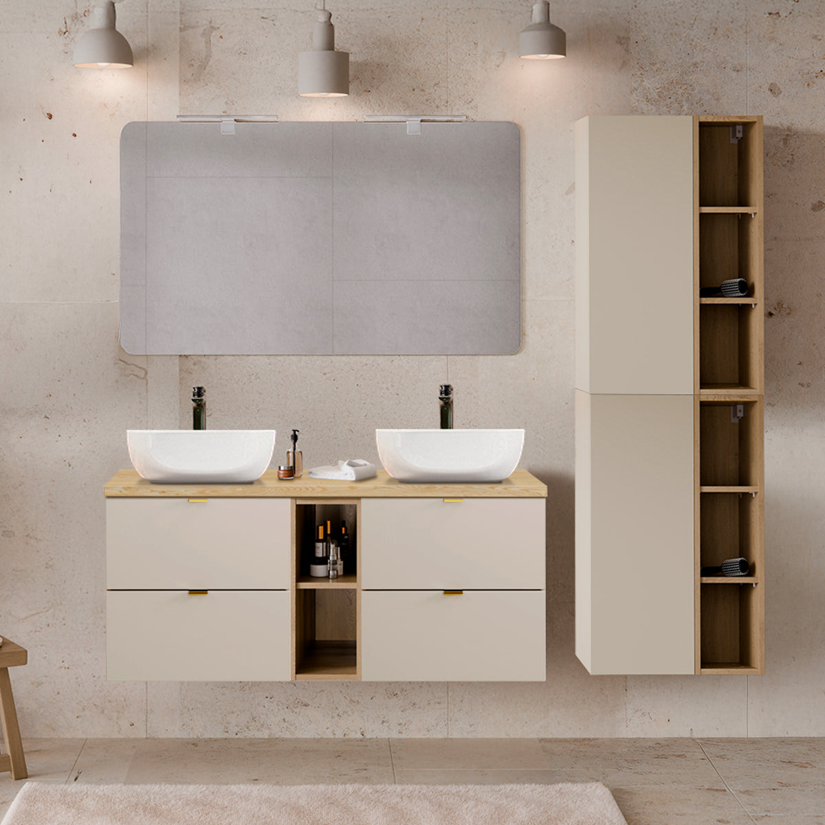 Ensemble meuble double vasque 120cm 2 niches et colonne Azel Cachemire et Bois