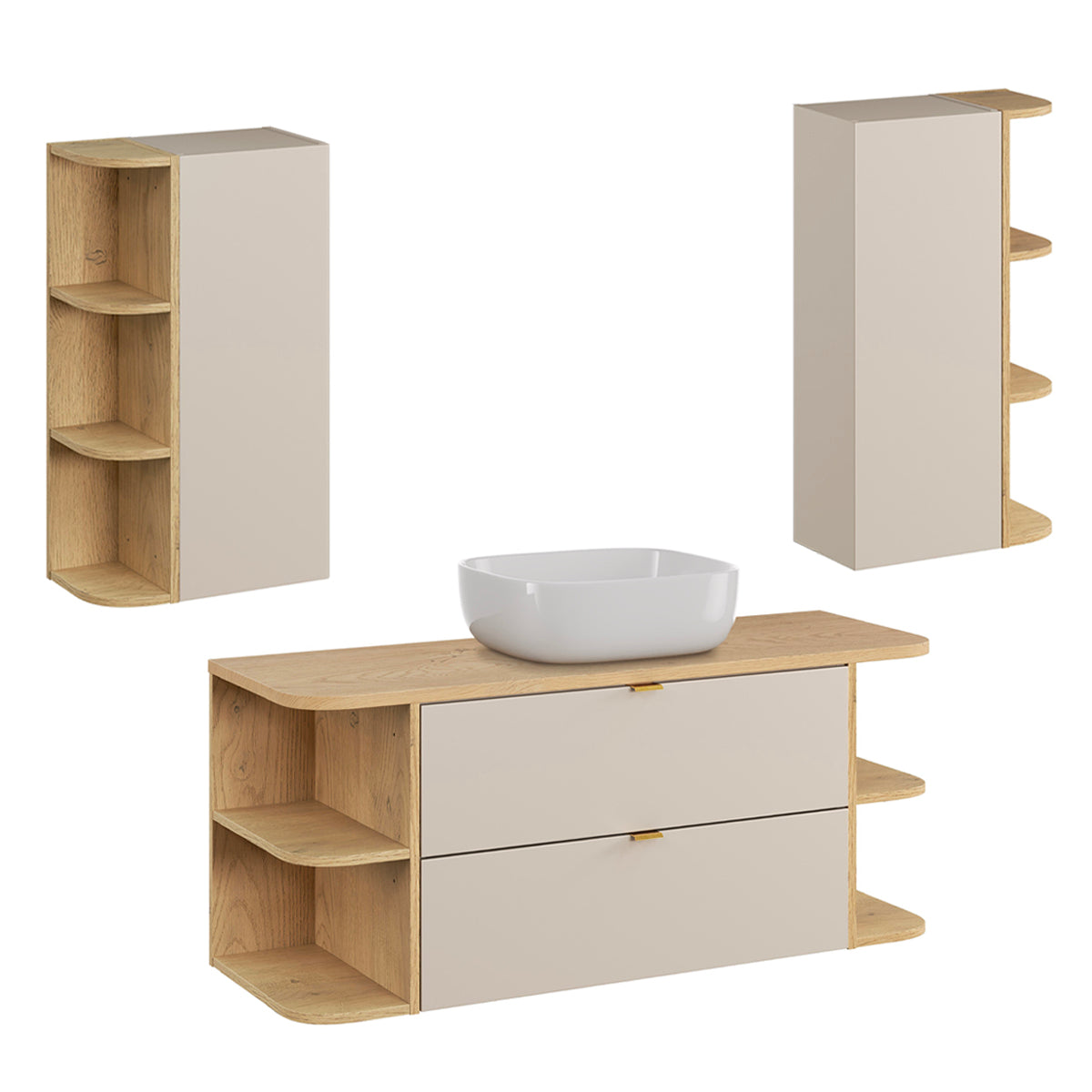 Ensemble meuble simple vasque 120cm niches arrondies et colonne Azel Cachemire et Bois - vue 9