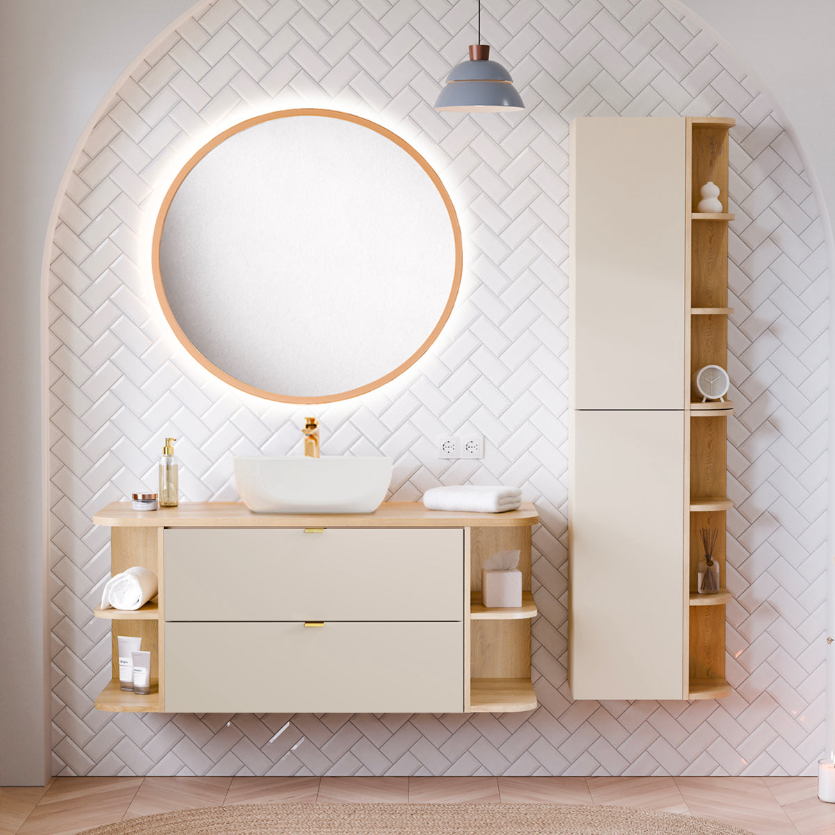 Meuble simple vasque 100cm niches arrondies Azel Cachemire et Bois - vue 4