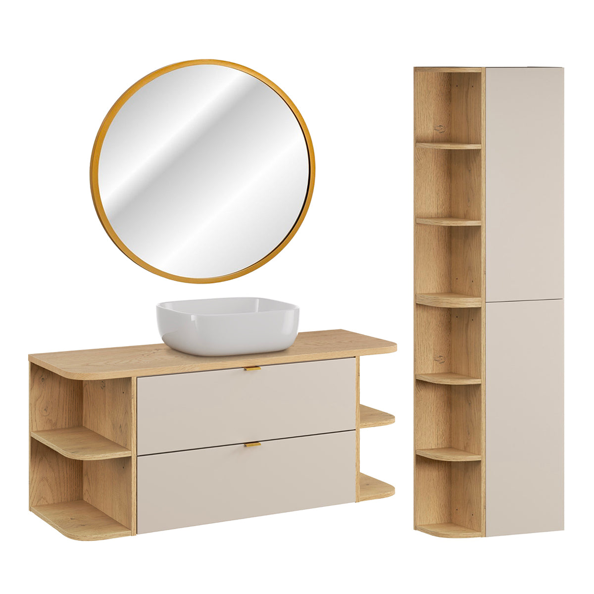 Ensemble meuble simple vasque 120cm niches arrondies colonne et miroir LED Azel Cachemire et Bois - vue 2