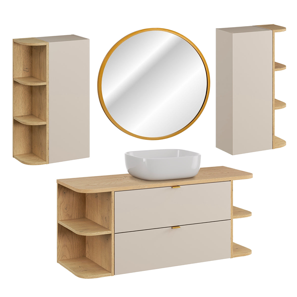 Ensemble meuble simple vasque 120cm niches arrondies colonne et miroir LED Azel Cachemire et Bois - vue 11
