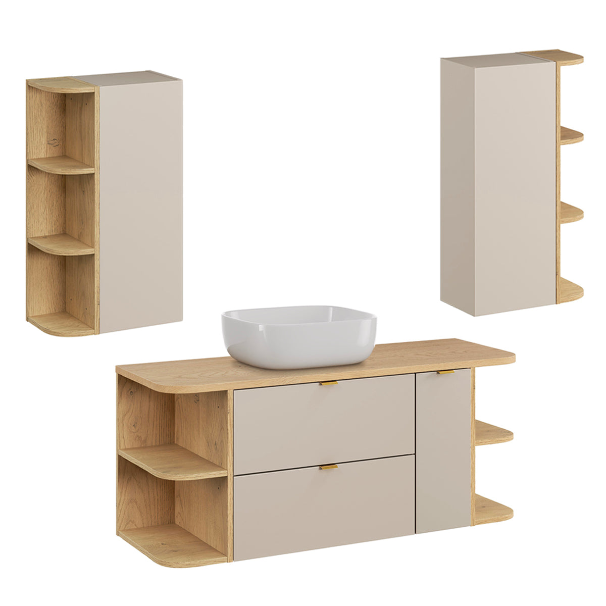 Ensemble meuble simple vasque 120cm 3 tiroirs niches arrondies et colonne Azel Cachemire et Bois - vue 11