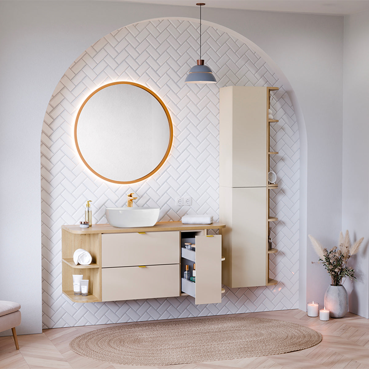 Meuble sous-vasque 120cm 3 tiroirs niches arrondies plan de toilette Azel Cachemire et Bois - vue 8