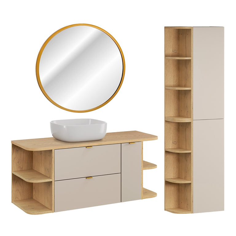 Ensemble meuble simple vasque 120cm 3 tiroirs colonne et miroir LED Azel Cachemire et Bois - vue 2