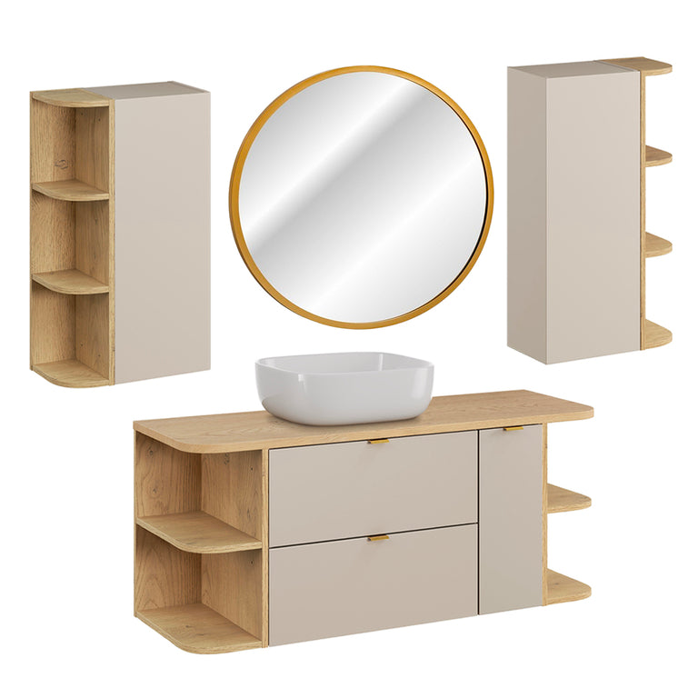 Ensemble meuble simple vasque 120cm 3 tiroirs colonne et miroir LED Azel Cachemire et Bois - vue 13
