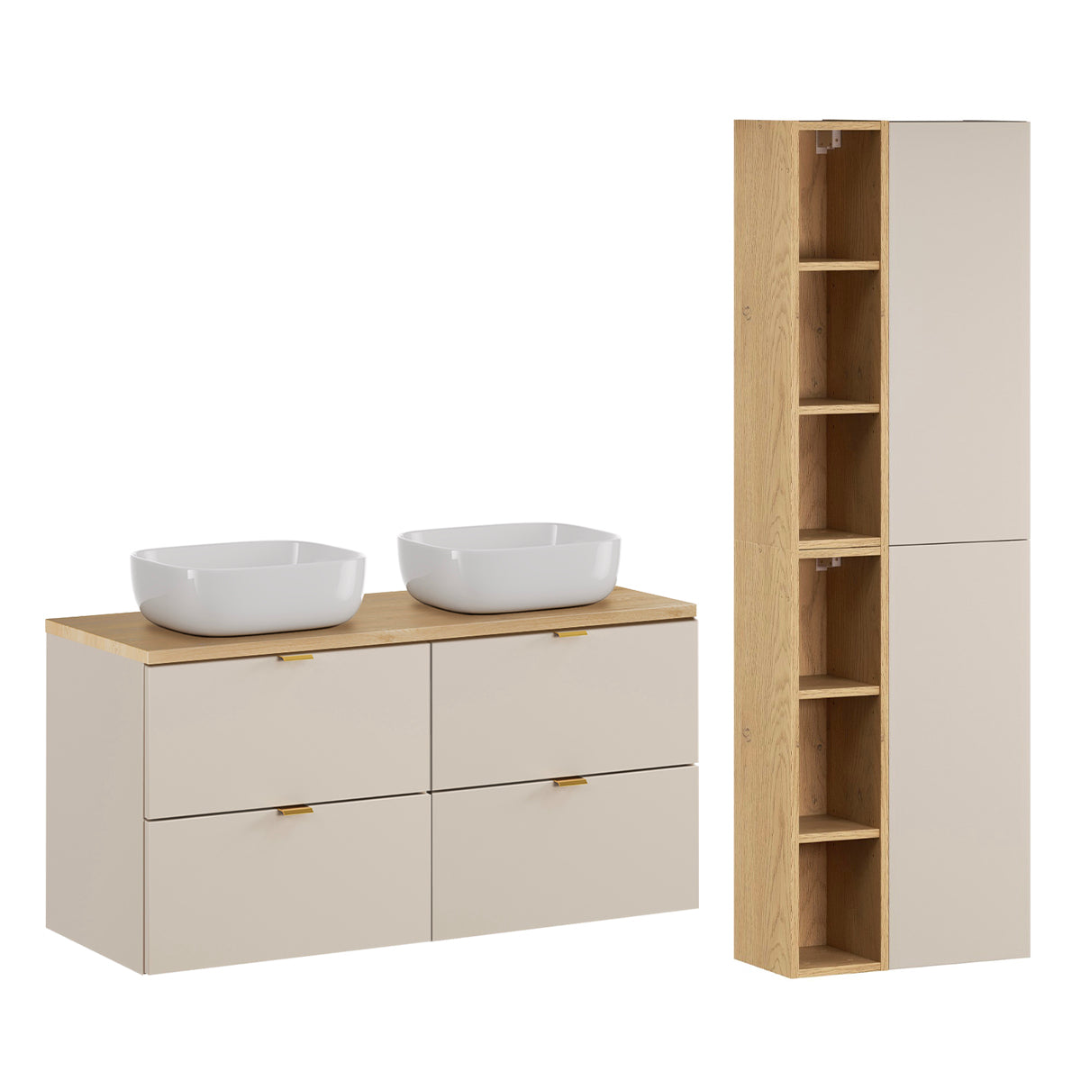 Ensemble meuble double vasque 120cm et colonne Azel Cachemire et Bois - vue 2