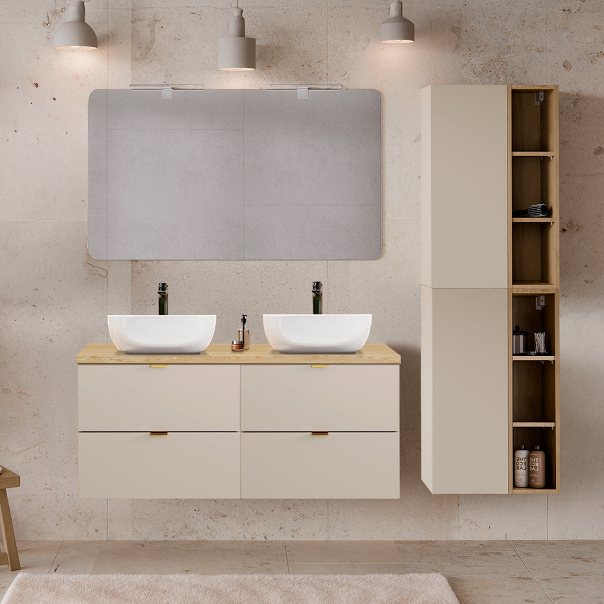 Ensemble meuble double vasque 120cm et colonne Azel Cachemire et Bois