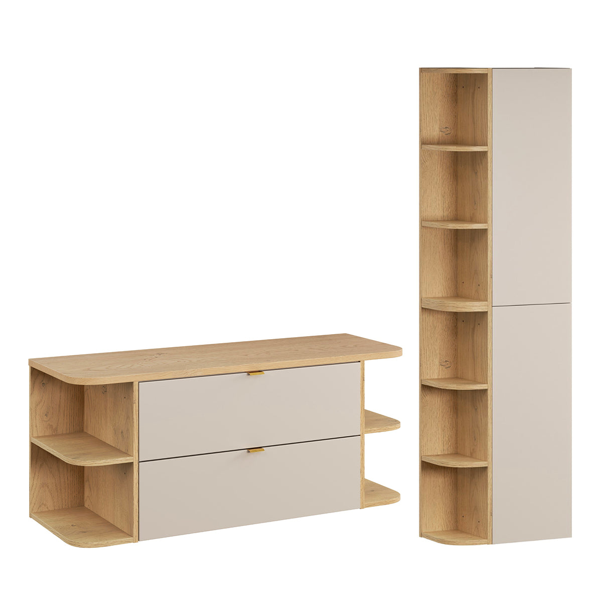 Ensemble meuble sous-vasque 120cm niches arrondies et colonne Azel Cachemire et Bois