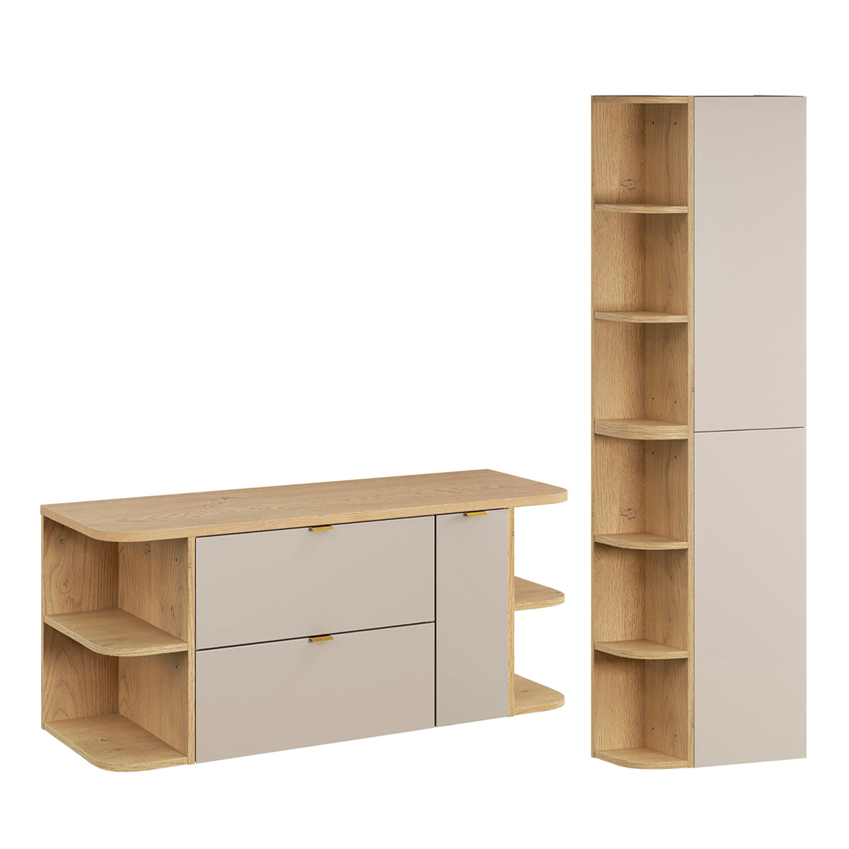 Ensemble meuble sous-vasque 120cm 3 tiroirs niches arrondies et colonne Azel Cachemire et Bois