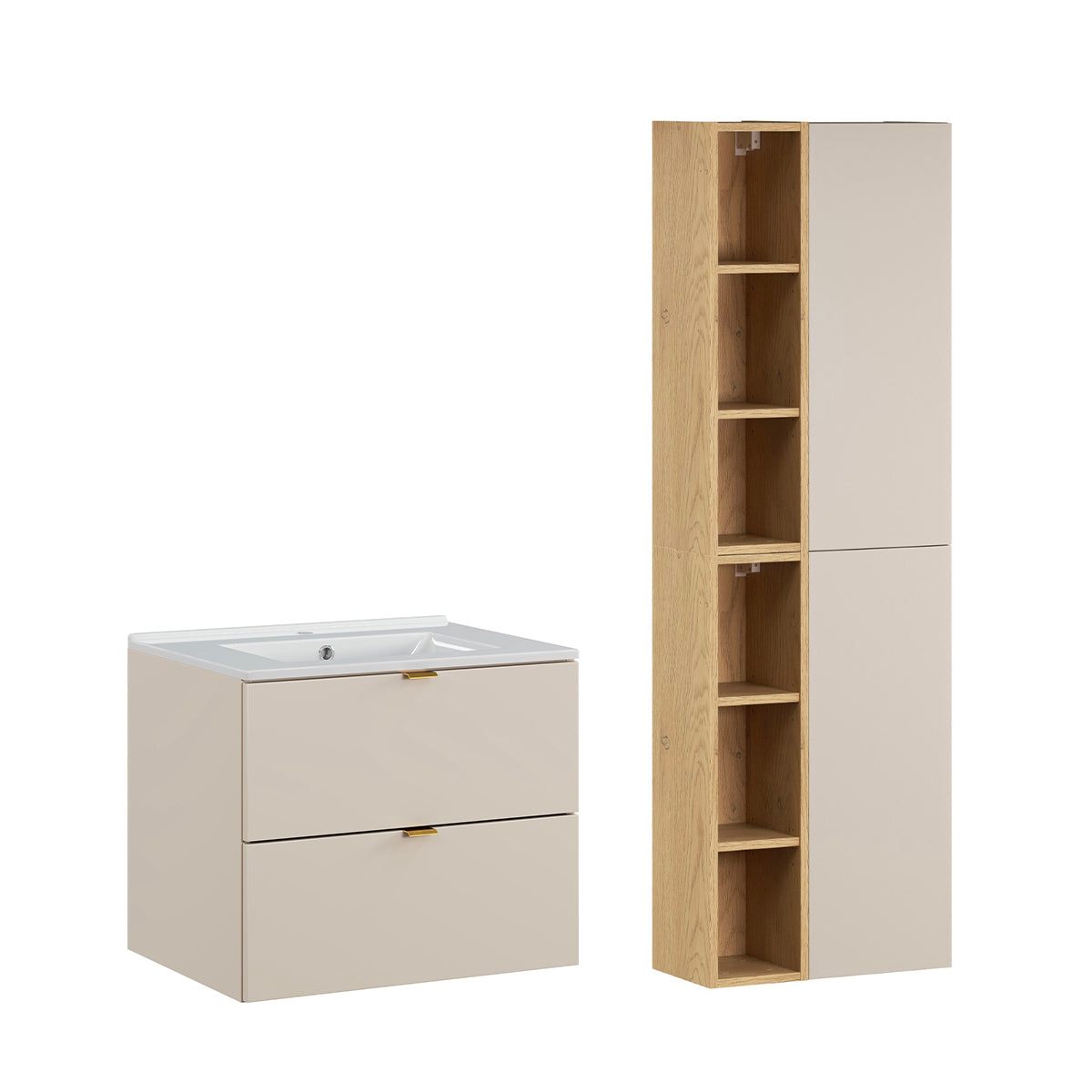 Ensemble meuble simple vasque encastrée 60cm et colonne Azel Cachemire et Bois - vue 2