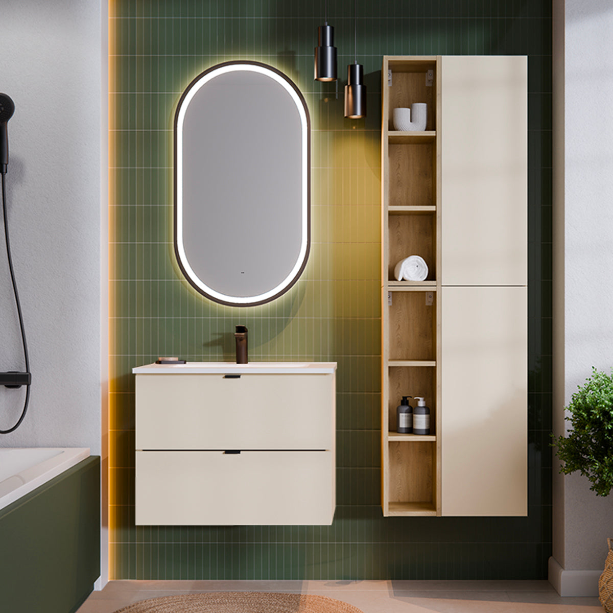 Ensemble meuble simple vasque encastrée 60cm et colonne Azel Cachemire et Bois