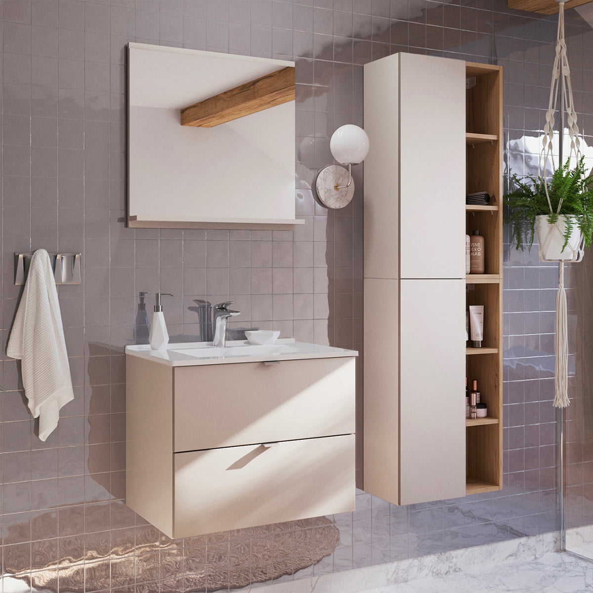 Ensemble meuble simple vasque encastrée 60cm et colonne Azel Cachemire et Bois