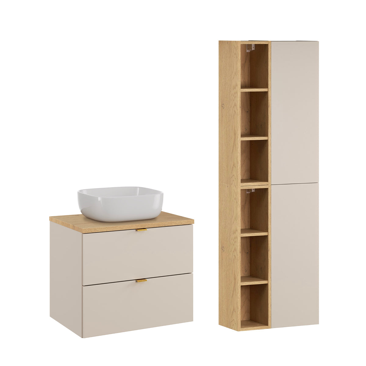 Ensemble meuble simple vasque 60cm et colonne Azel Cachemire et Bois - vue 2