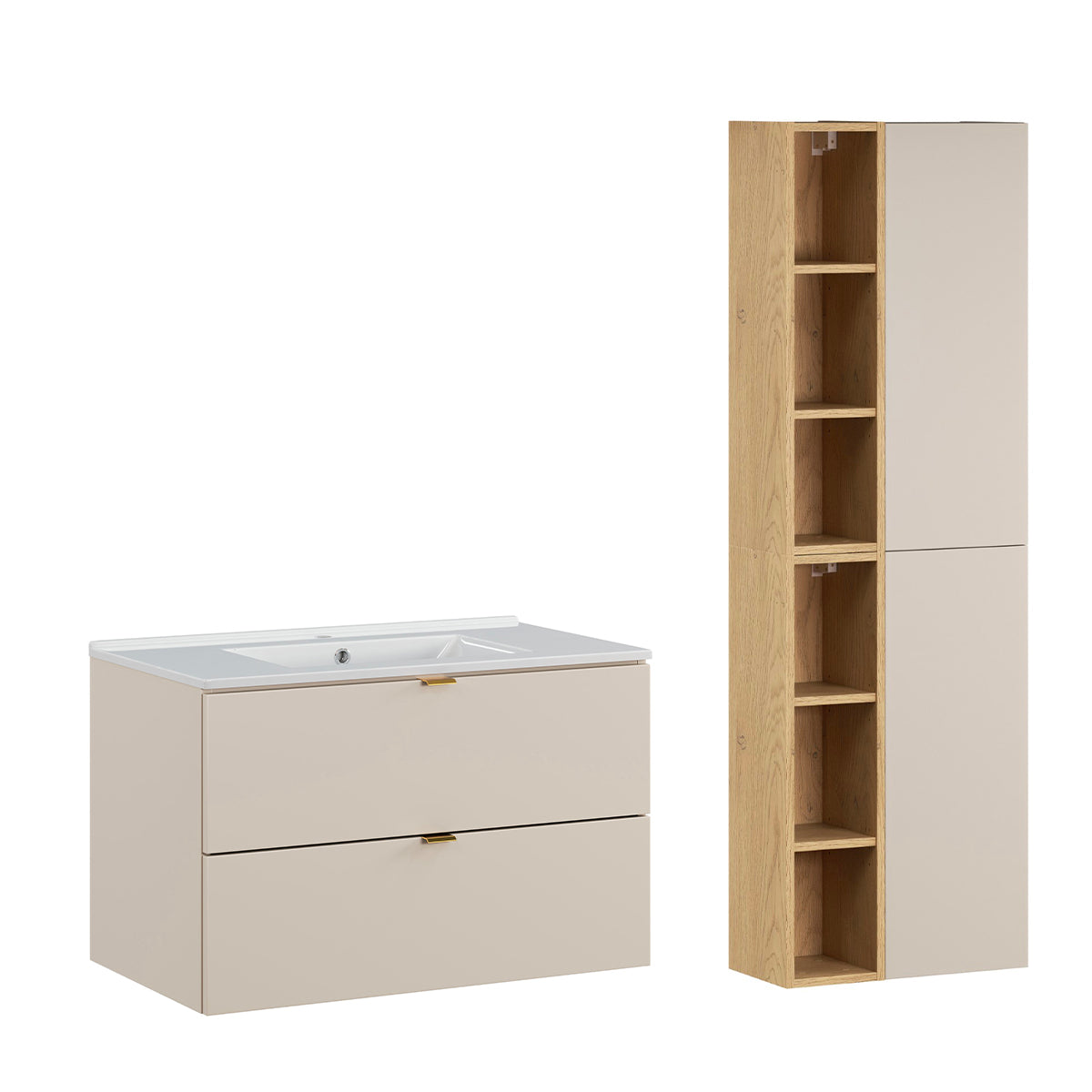Ensemble meuble simple vasque encastrée 80cm et colonne Azel Cachemire et Bois - vue 2