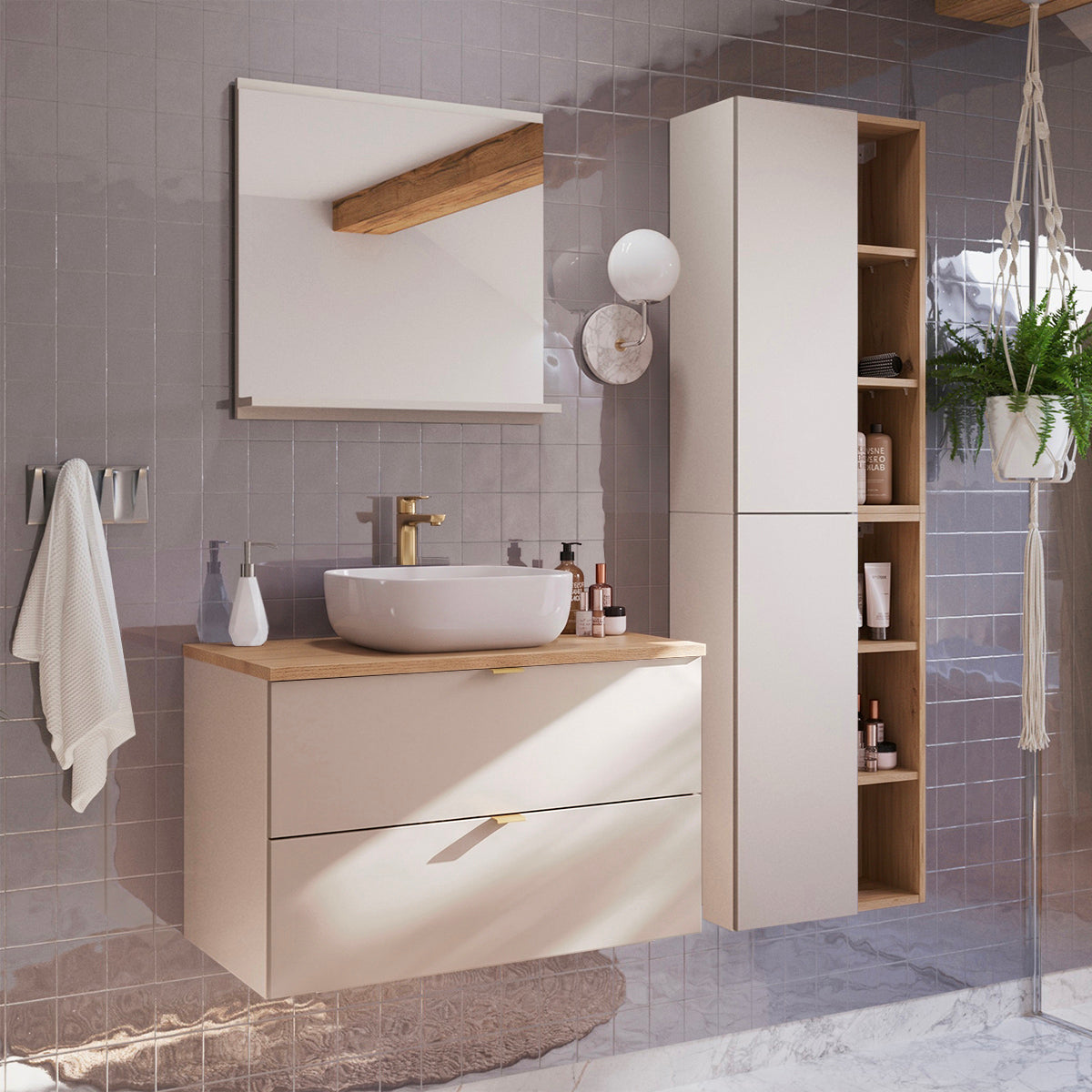 Ensemble meuble simple vasque 80cm et colonne Azel Cachemire et Bois