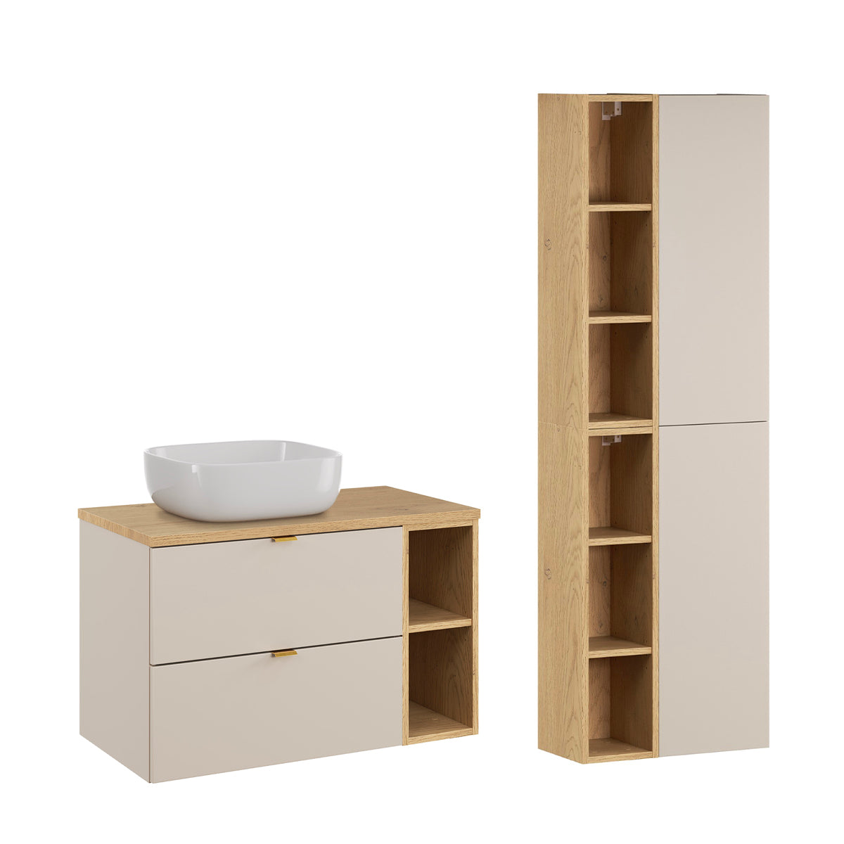 Ensemble meuble simple vasque 80cm 2 niches et colonne Azel Cachemire et Bois - vue 2