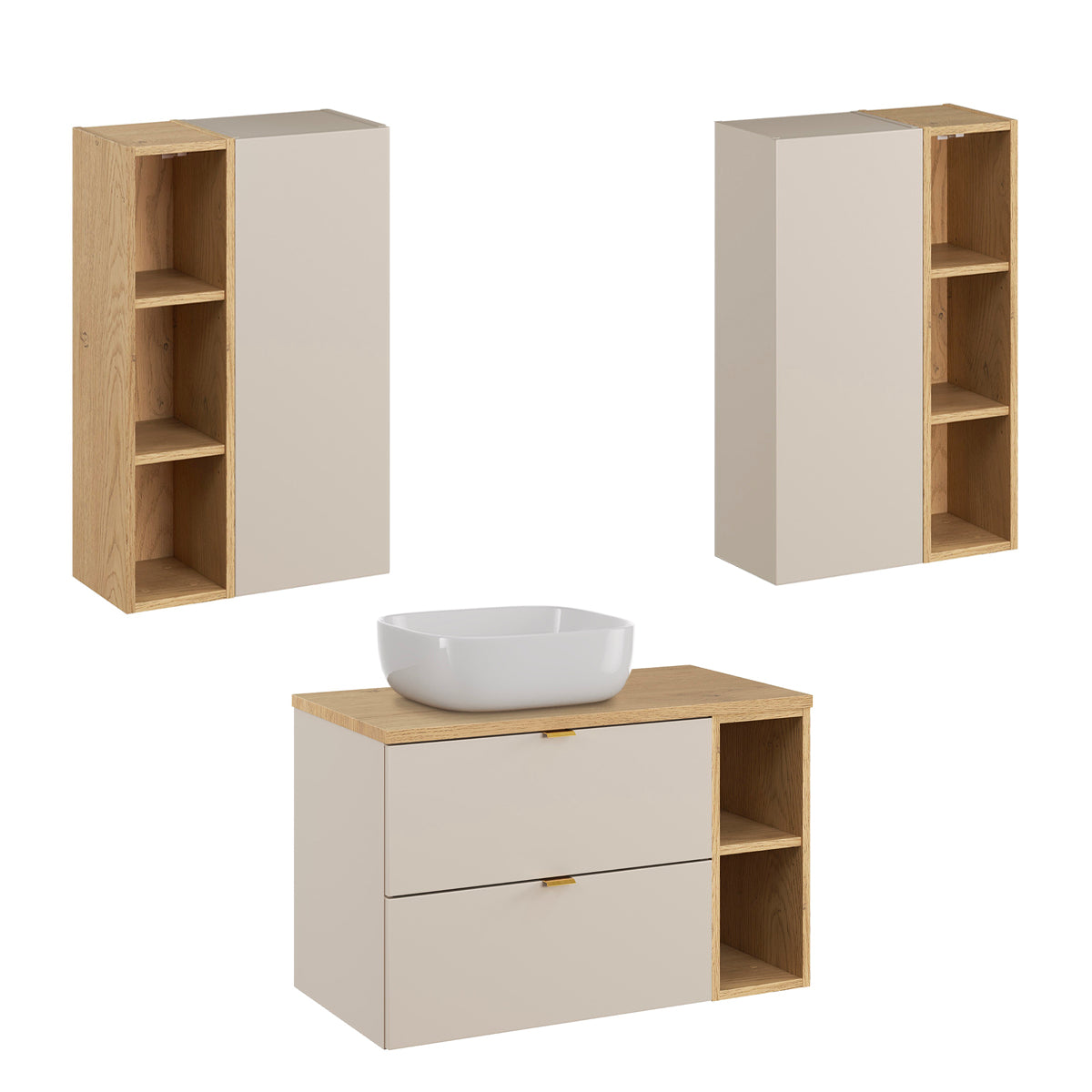 Ensemble meuble simple vasque 80cm 2 niches et colonne Azel Cachemire et Bois - vue 7