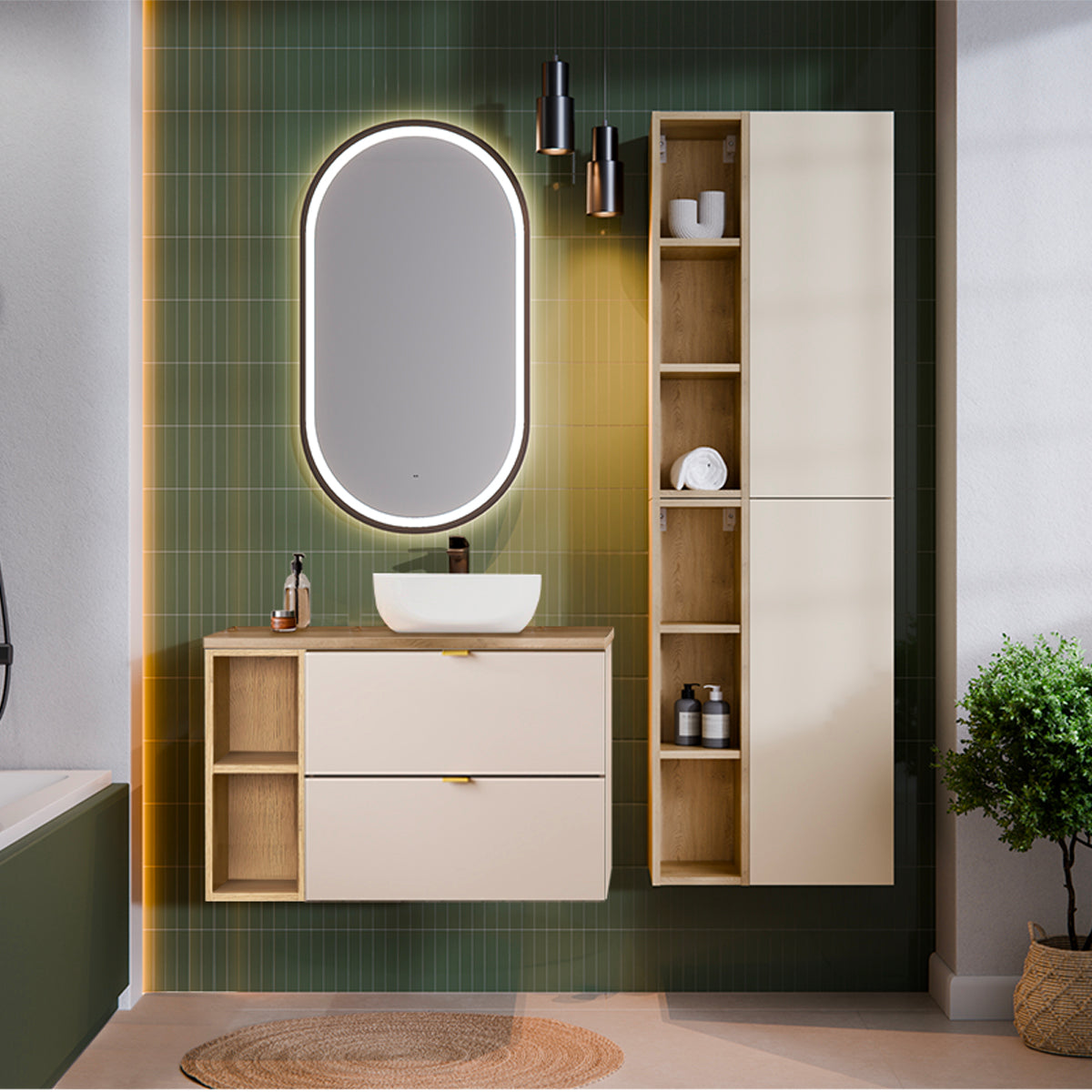 Meuble sous-vasque 80cm 2 niches Azel Cachemire et Bois - vue 4