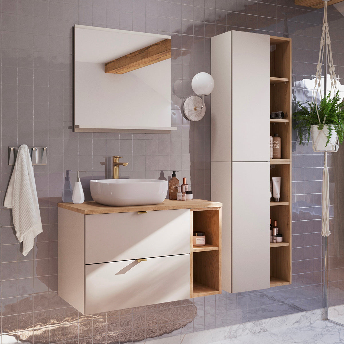 Ensemble meuble simple vasque 80cm 2 niches et colonne Azel Cachemire et Bois
