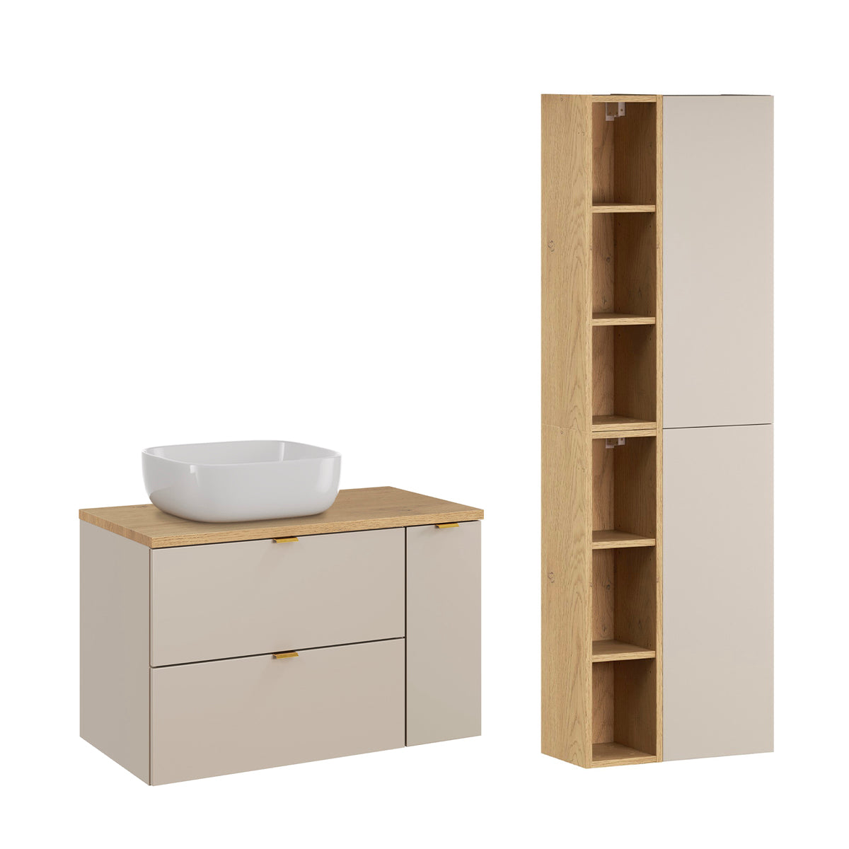 Ensemble meuble simple vasque 80cm 3 tiroirs et colonne Azel Cachemire et Bois - vue 2