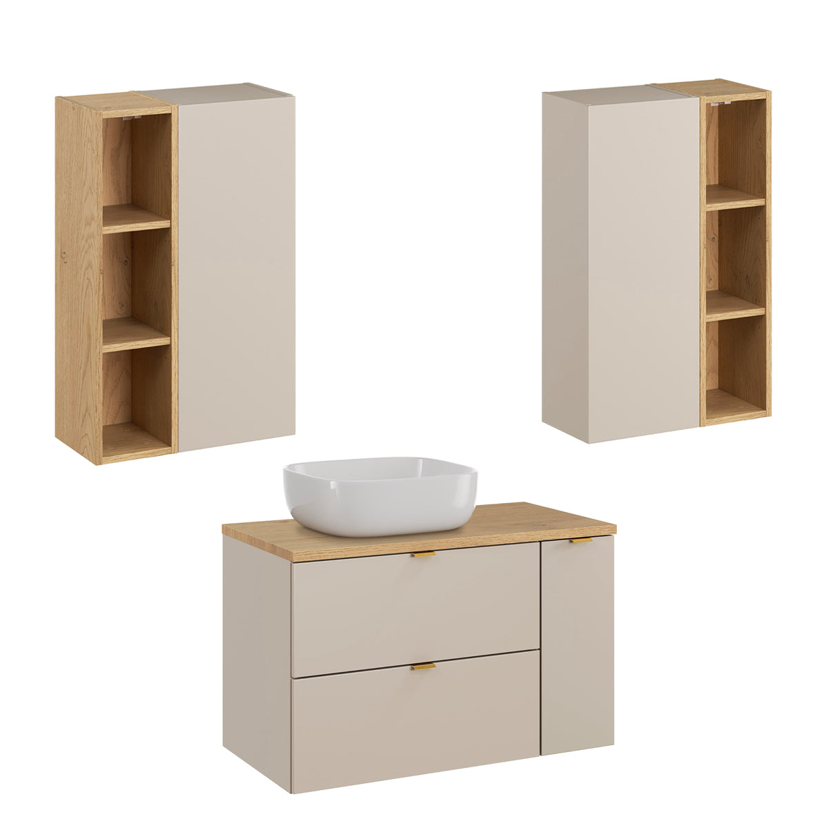 Ensemble meuble simple vasque 80cm 3 tiroirs et colonne Azel Cachemire et Bois - vue 9