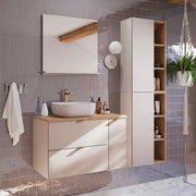 Ensemble meuble simple vasque 80cm 3 tiroirs et colonne Azel Cachemire et Bois