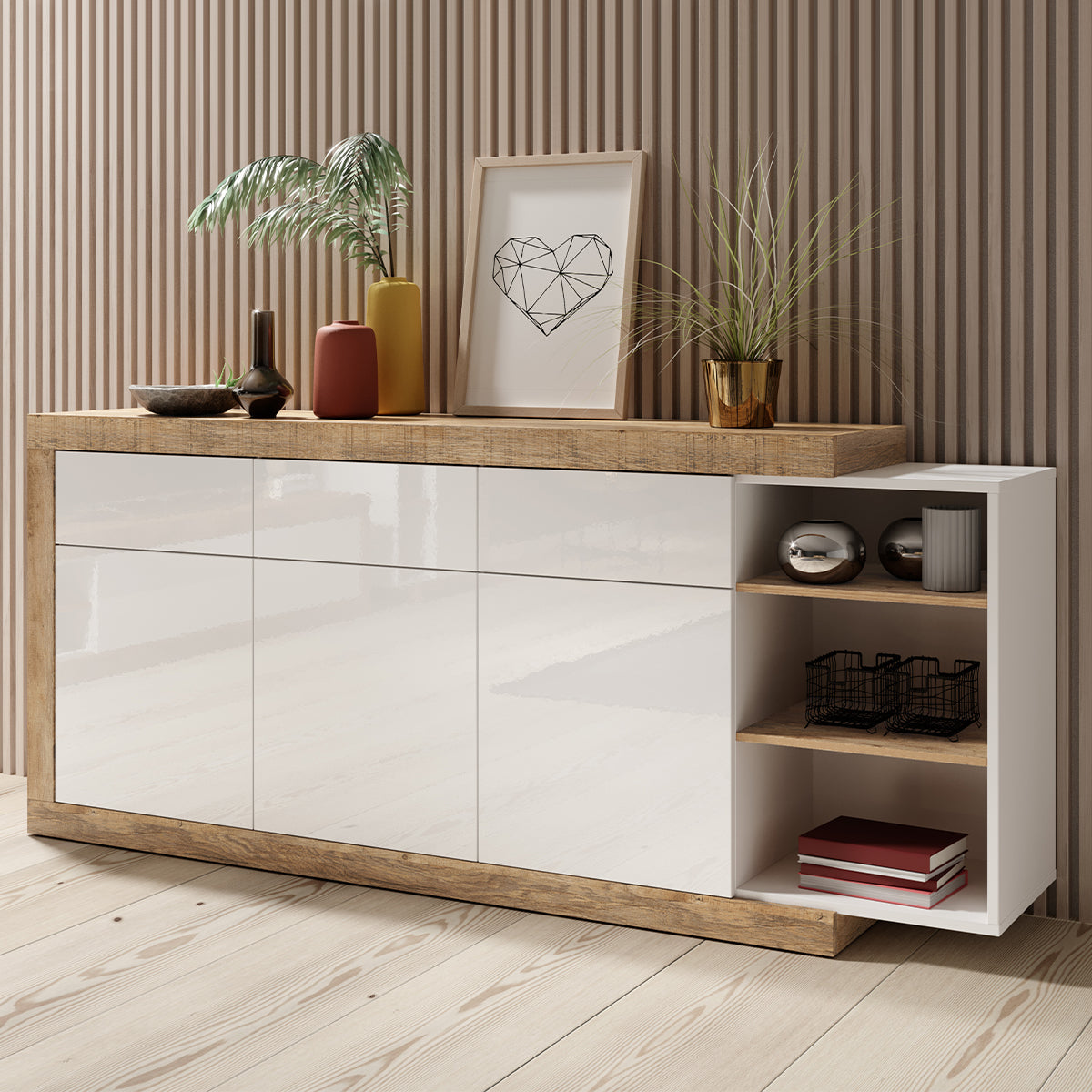 Buffet 3 portes 3 tiroirs Azior Blanc et Bois - vue 4