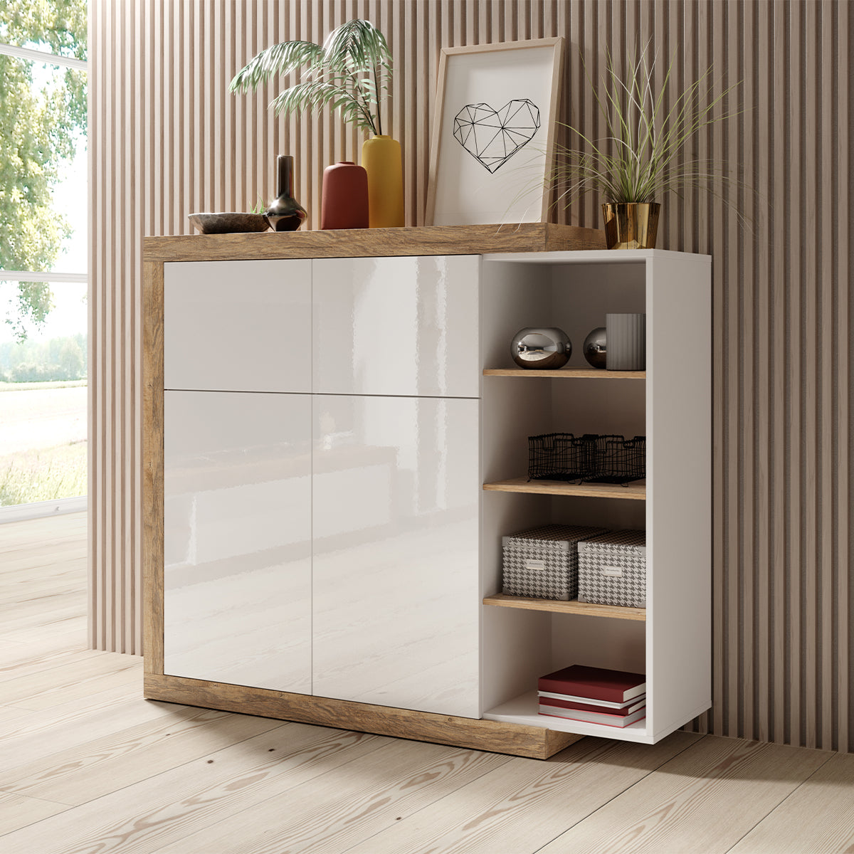 Buffet haut 4 portes Azior Blanc et Bois - vue 4