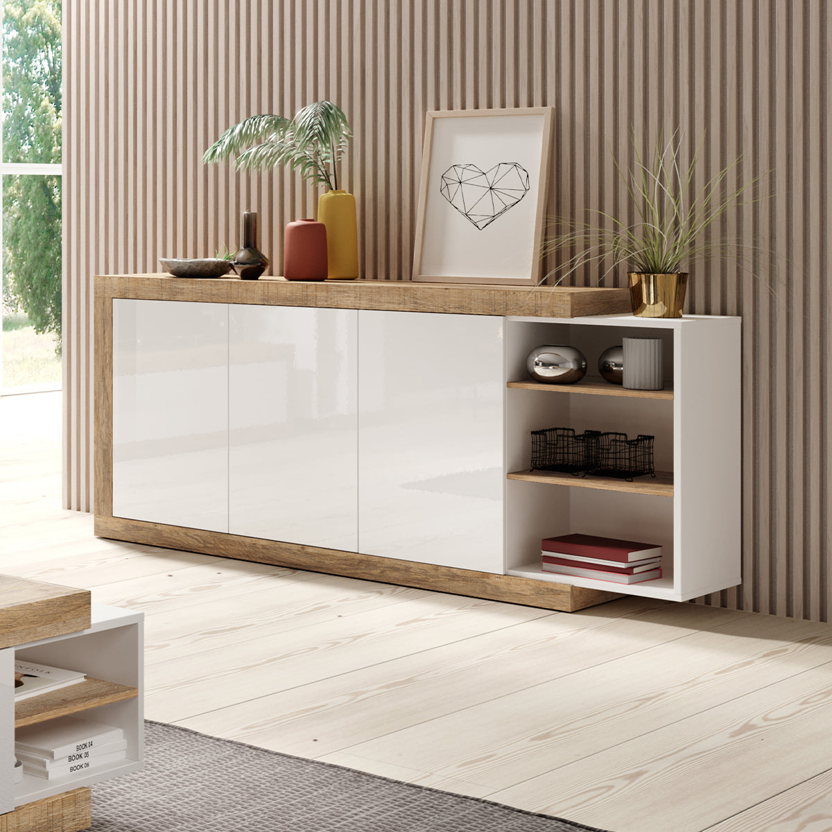 Buffet long 3 portes Azior Blanc et Bois - vue 4