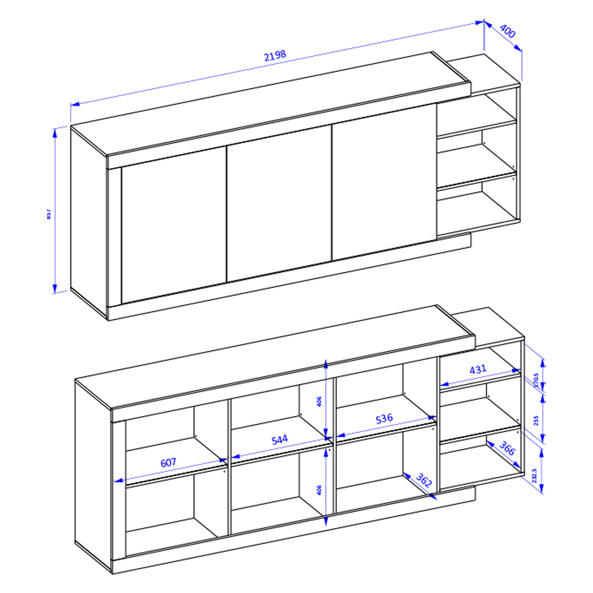 Buffet long 3 portes Azior Blanc et Bois - vue 5
