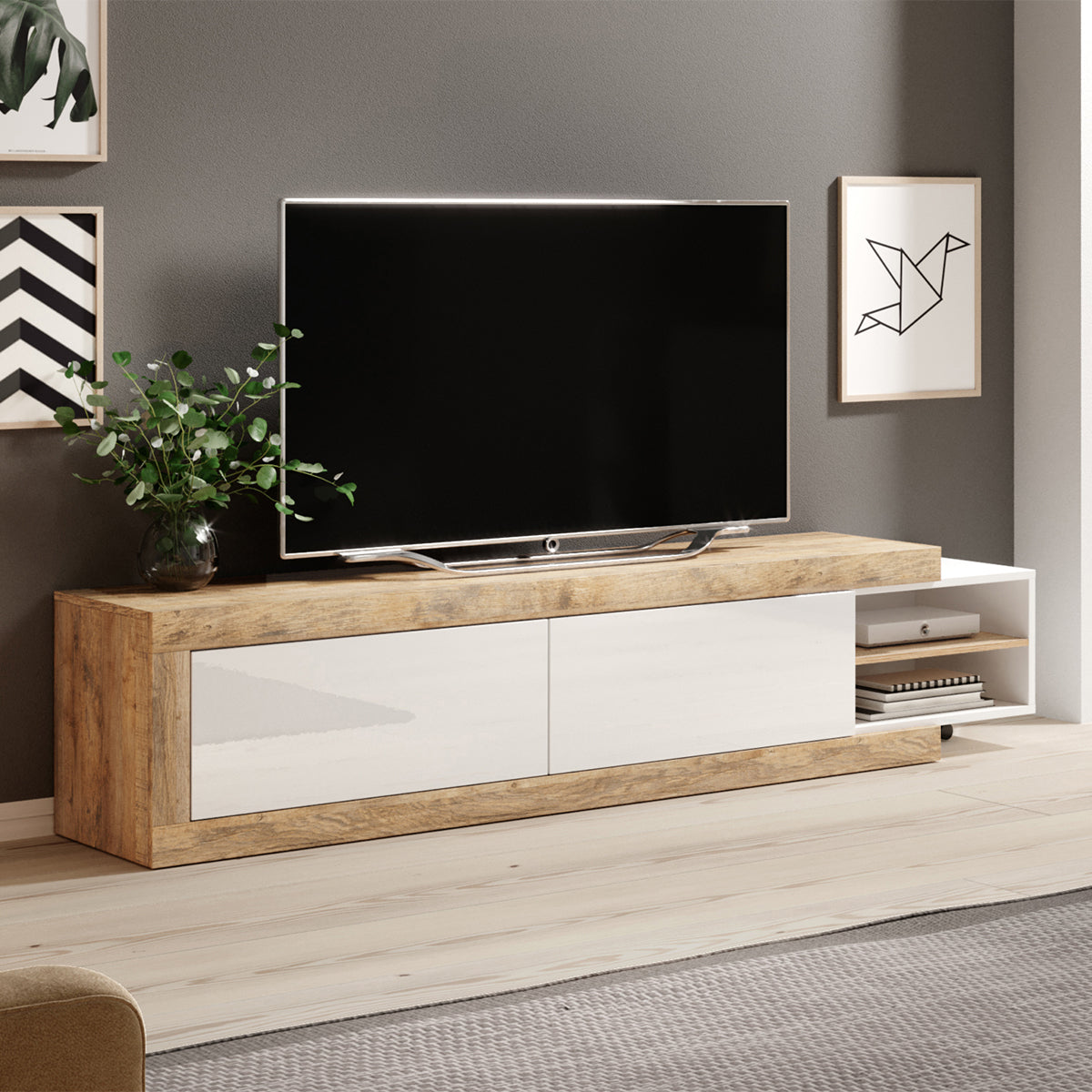 Meuble TV 2 portes 200 cm Azior Blanc et Bois - vue 4
