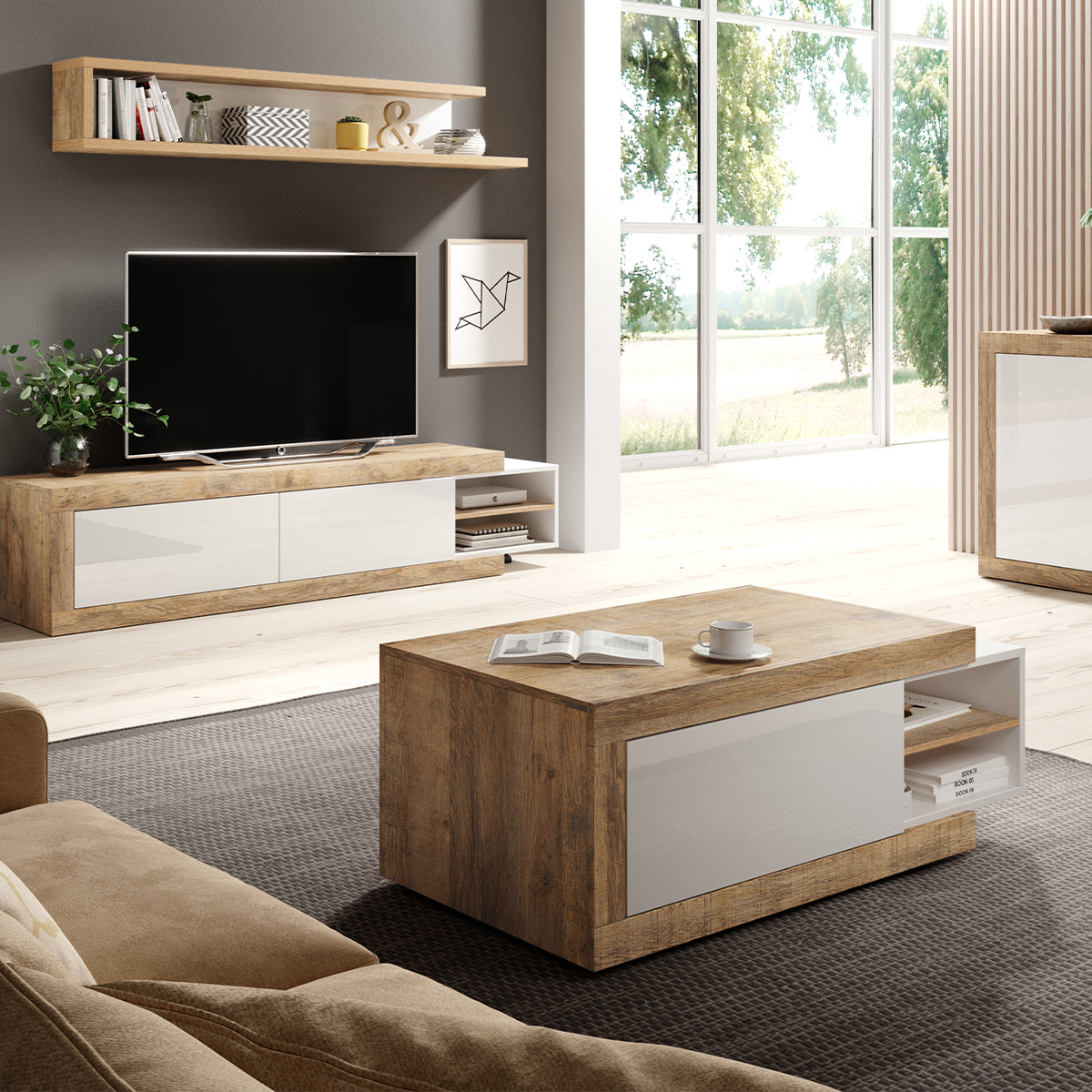 Table basse 1 porte Azior Blanc et Bois - vue 4