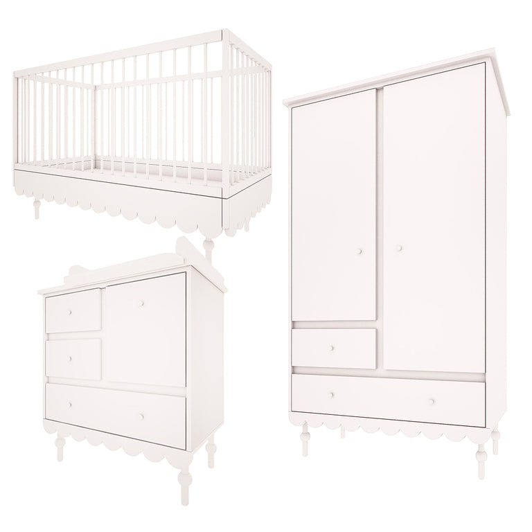 Chambre complète lit évolutif 70x140 commode à langer et armoire 2 portes Wood Luck Babushka Blanc
