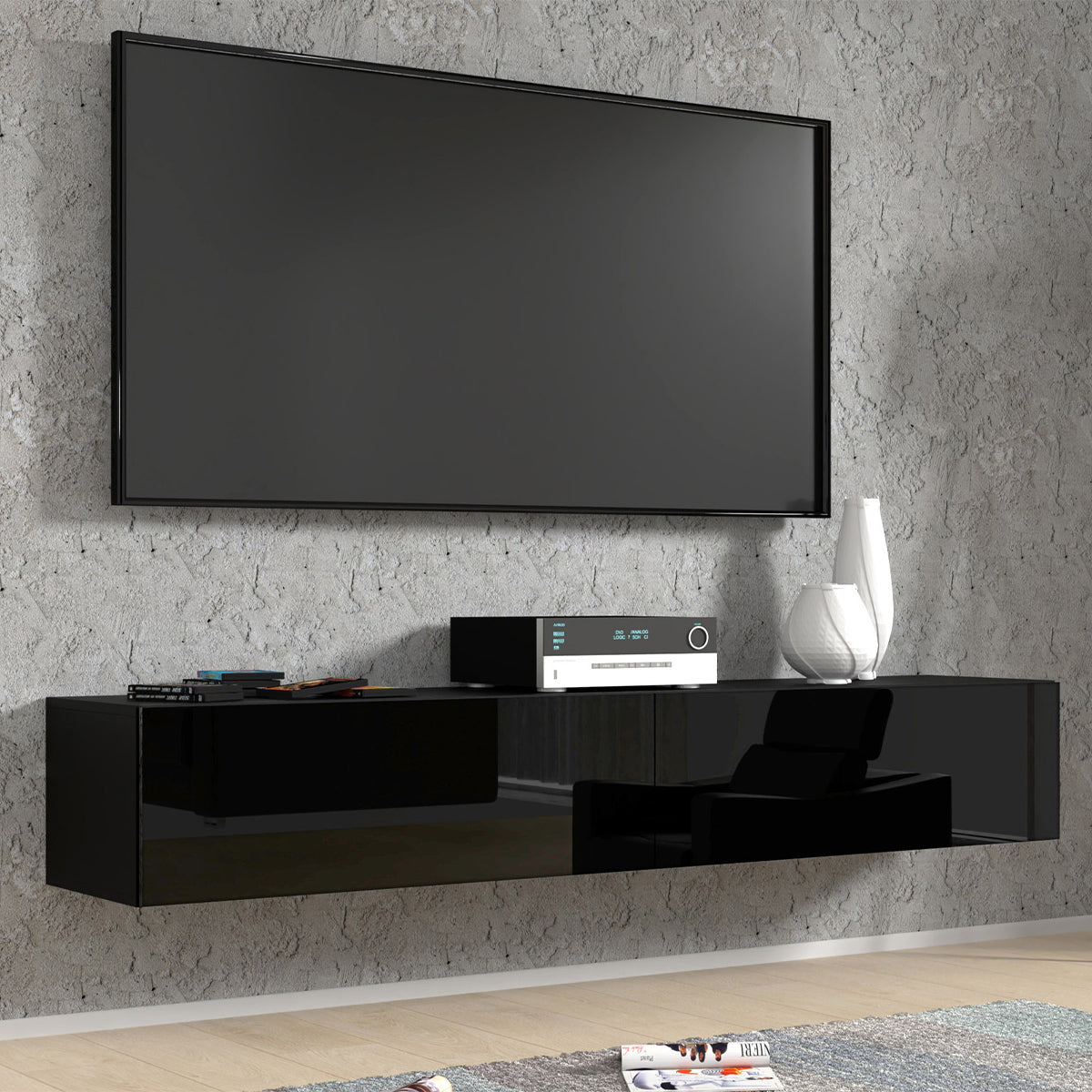 Meuble TV mural 2 portes 180 cm Bali Noir brillant - vue 3
