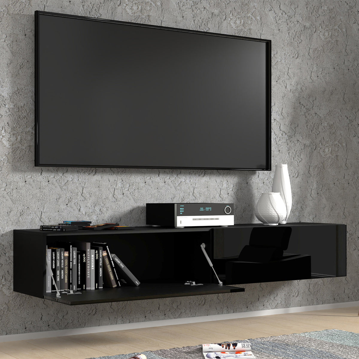 Meuble TV mural 2 portes 180 cm Bali Noir brillant - vue 4