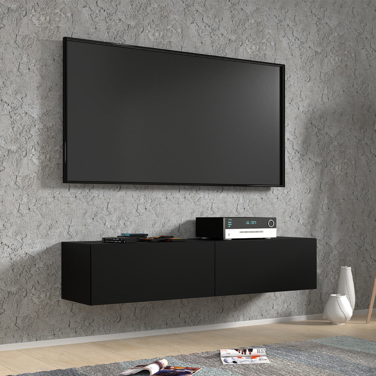 Meuble TV mural 2 portes 140 cm Bali Noir - vue 3