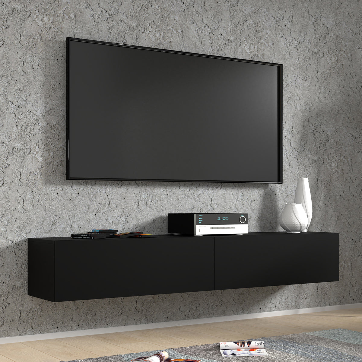 Meuble TV mural 2 portes 180 cm Bali Noir - vue 3