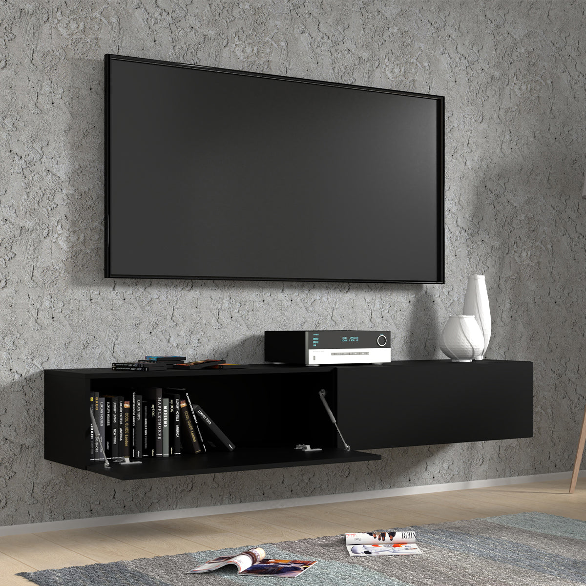 Meuble TV mural 2 portes 180 cm Bali Noir - vue 4