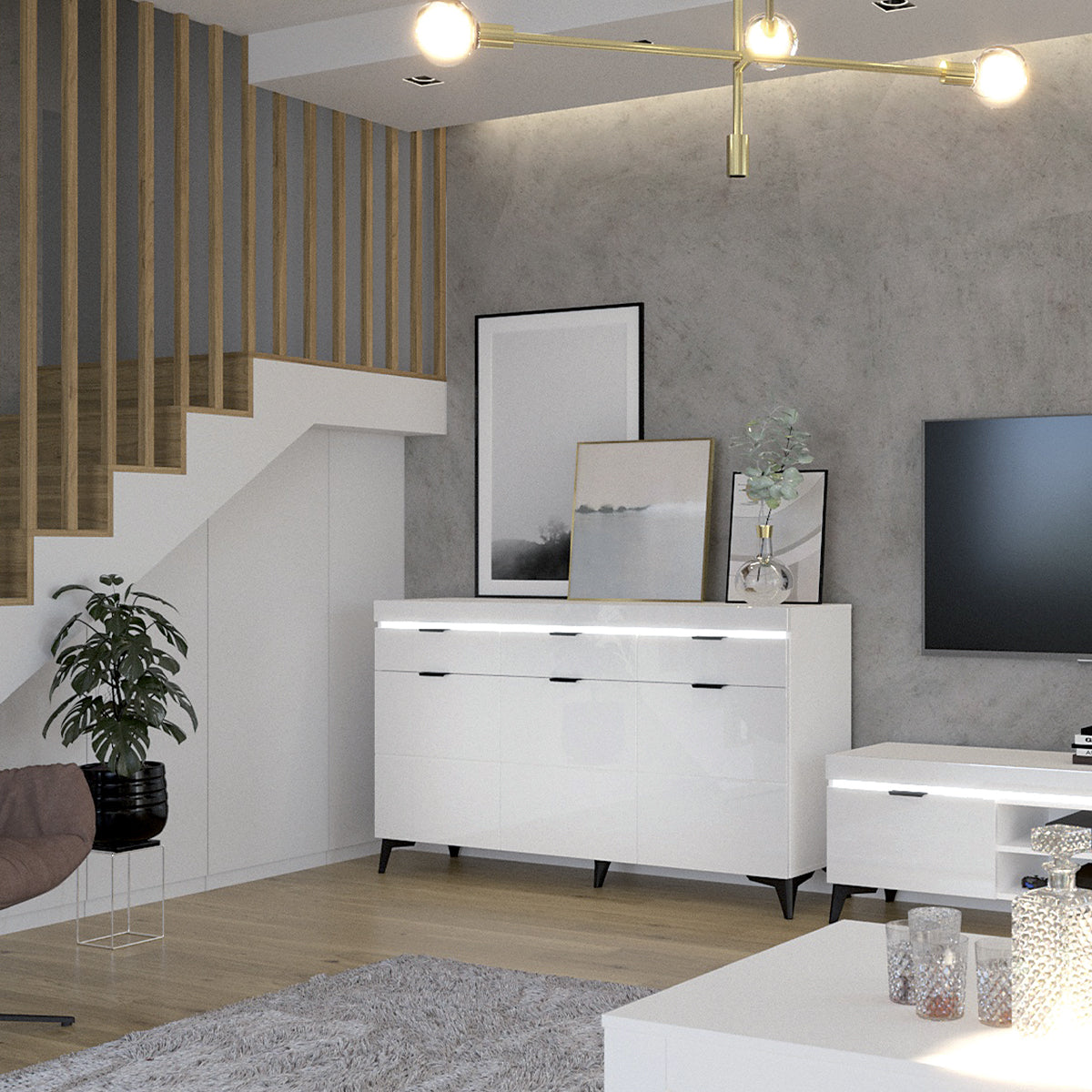 Buffet 3 portes 3 tiroirs LED inclus Ruben Blanc - vue 5