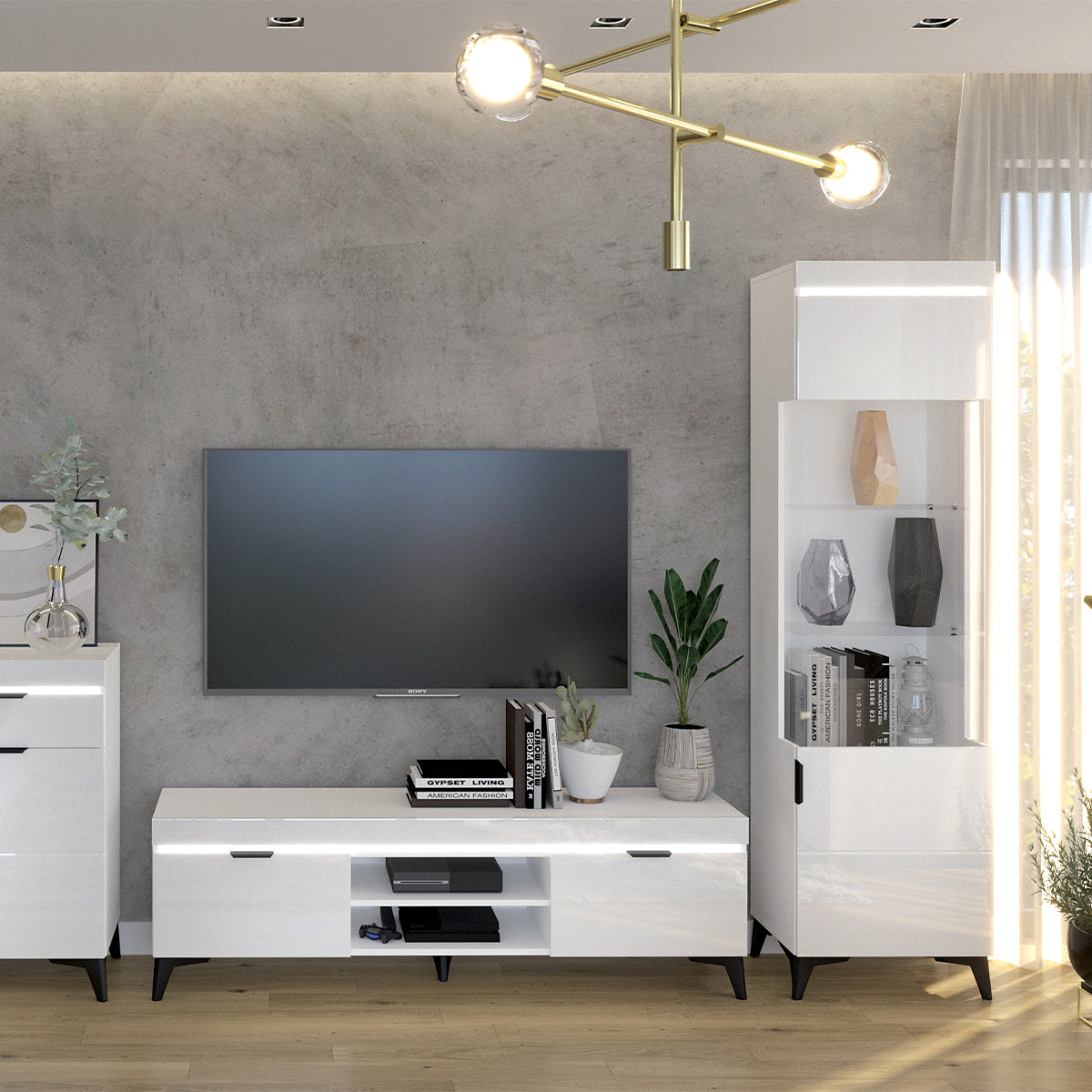 Meuble TV 2 portes 157 cm LED inclus Ruben Blanc - vue 2
