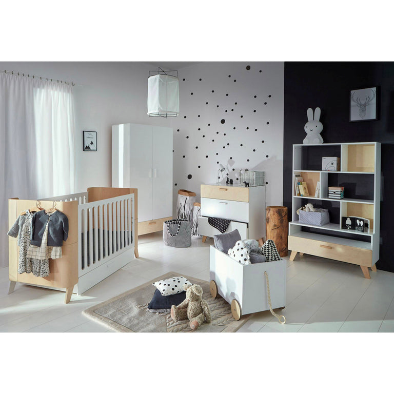 Chambre complète lit évolutif 70x140 commode à langer et armoire 2 portes Bellamy Hoppa Blanc et bois