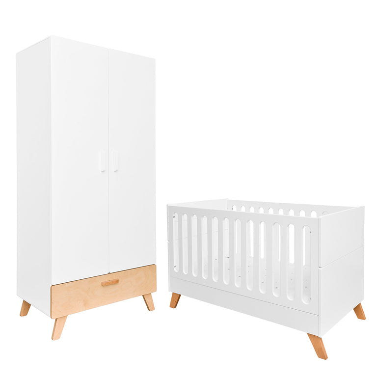Lit évolutif 60x120 et armoire 2 portes Bellamy Hoppa Blanc et bois