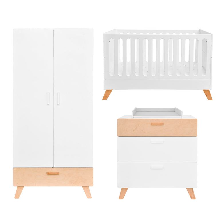 Chambre complète lit évolutif 60x120 commode à langer et armoire 2 portes Bellamy Hoppa Blanc et bois