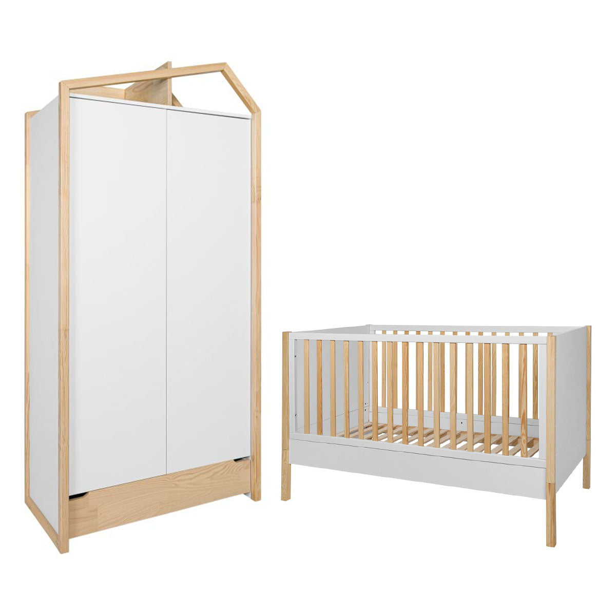 Lit évolutif 70x140 et armoire 2 portes Bellamy Juliette Blanc et bois
