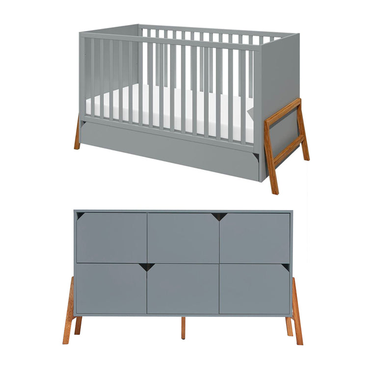 Lit évolutif 70x140 et commode 6 tiroirs Bellamy Lotta Gris