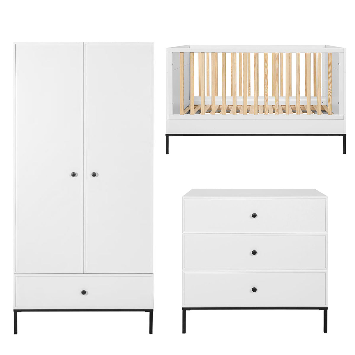 Chambre complète lit évolutif 70x140 commode à langer et armoire 2 portes Bellamy Lumi Blanc et noir - vue 2