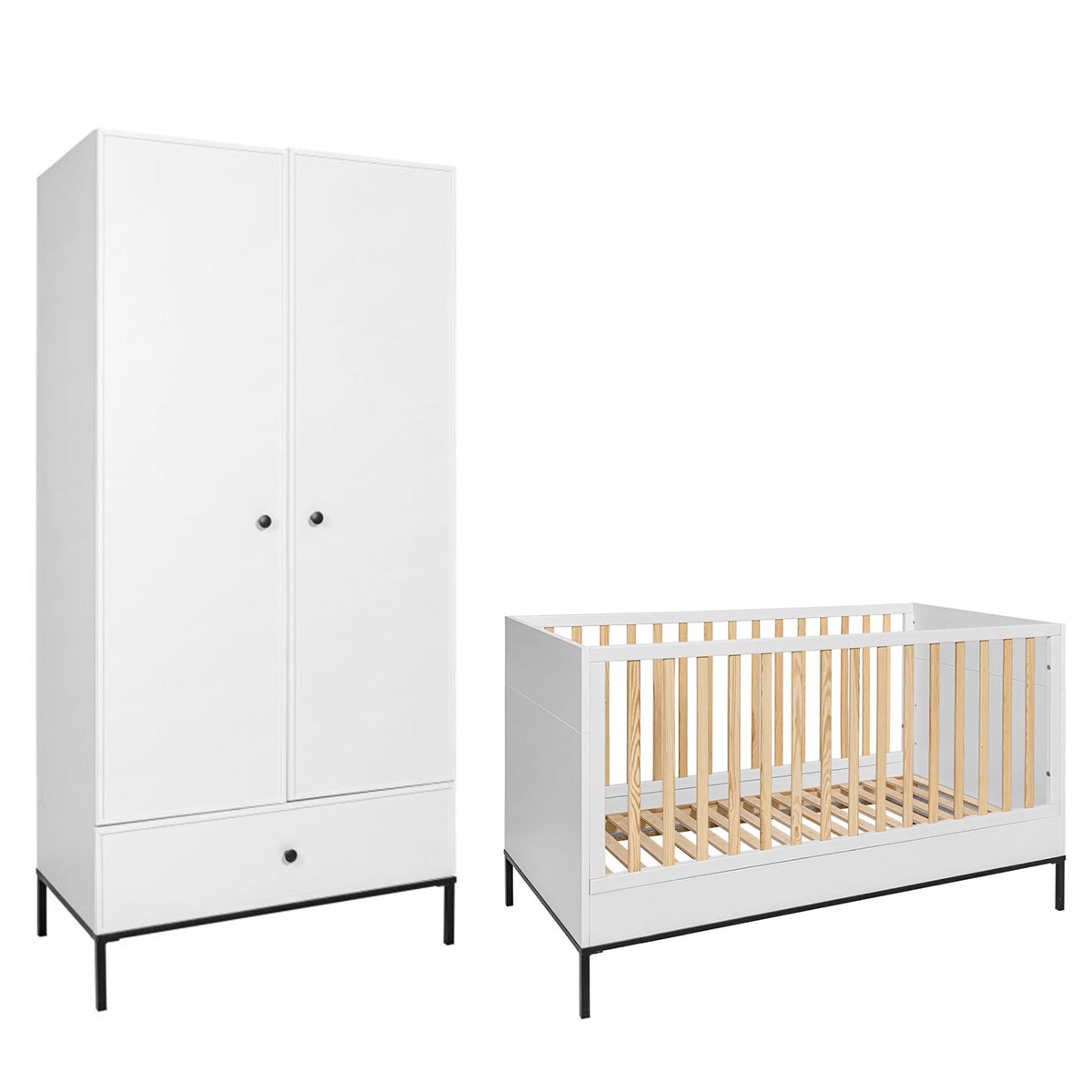 Lit évolutif 70x140 et armoire 2 portes Bellamy Lumi Blanc et noir